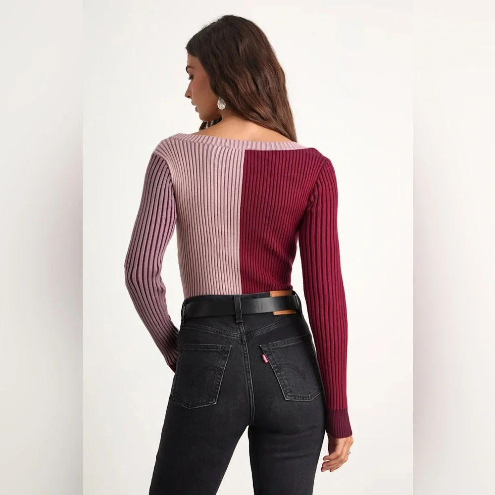 Lulus Mod Cutie Burgundy Color Block Ribbed Long Sleeve Bodysuit Small - Picture 4 of 6